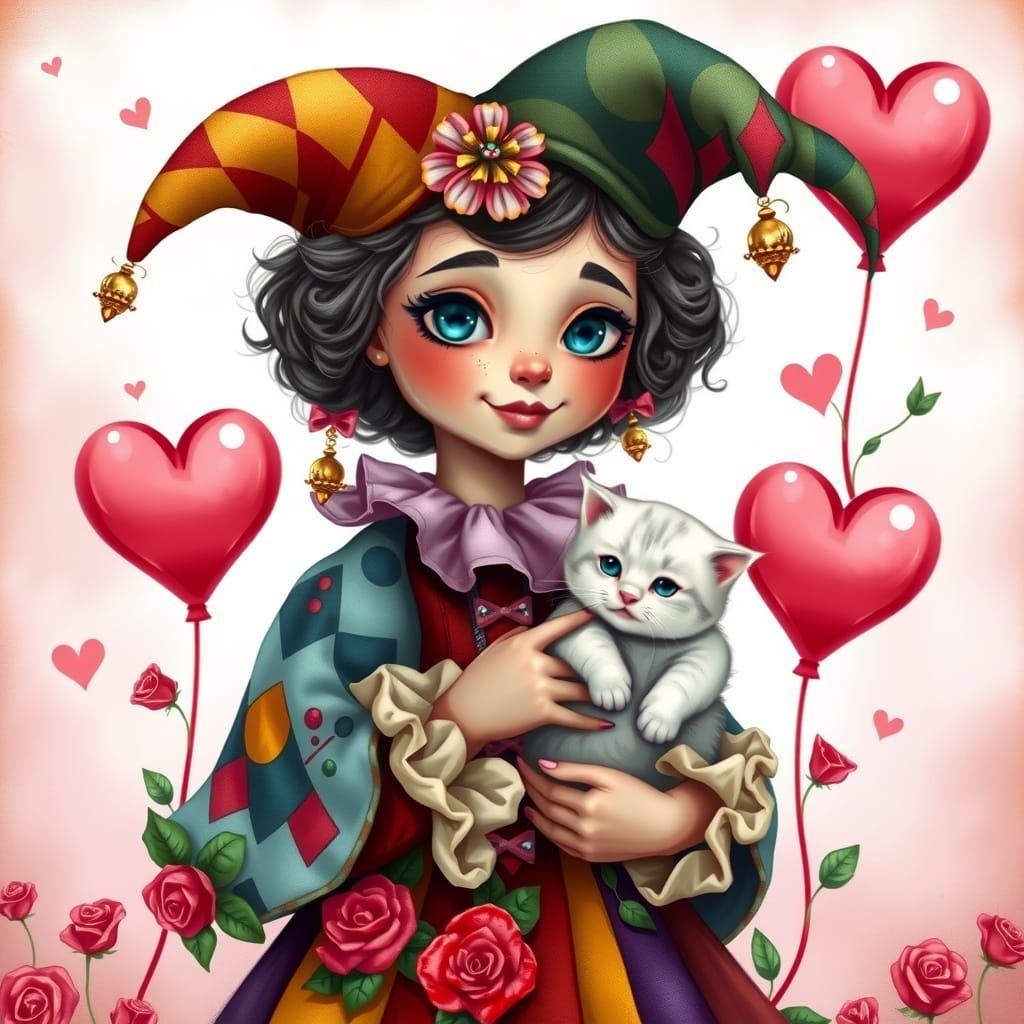 Whimsical Jester Girl Holding Kitten in Pastel Wonderland