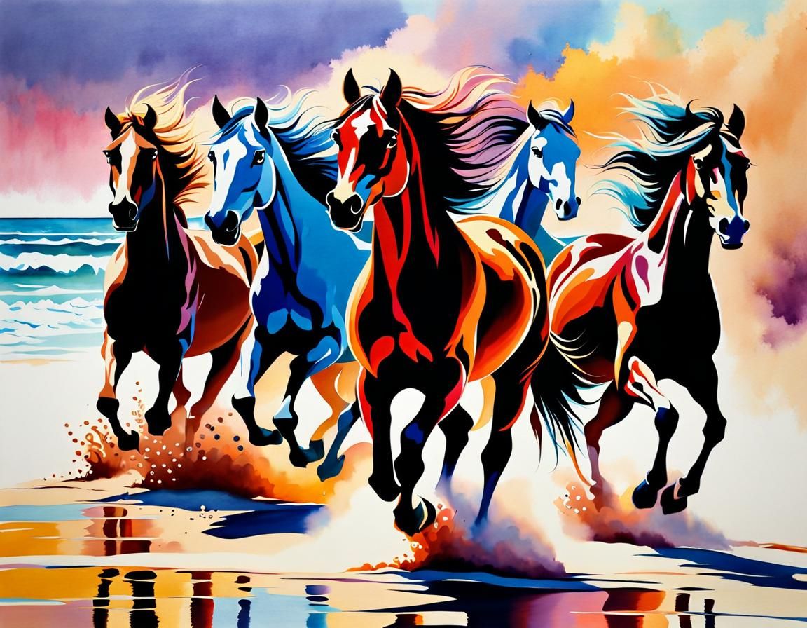 Wild Horses Gallop: Splashy Watercolor Beach Scene