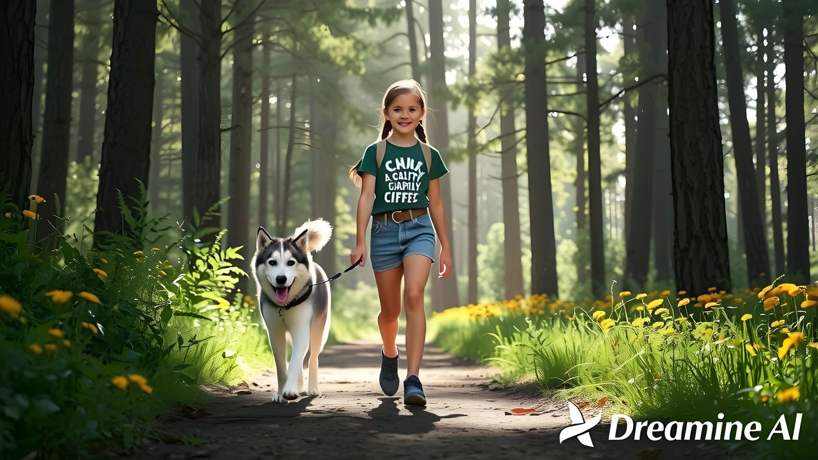 A Young Girl Enjoys a Forest Walk with Her Husky