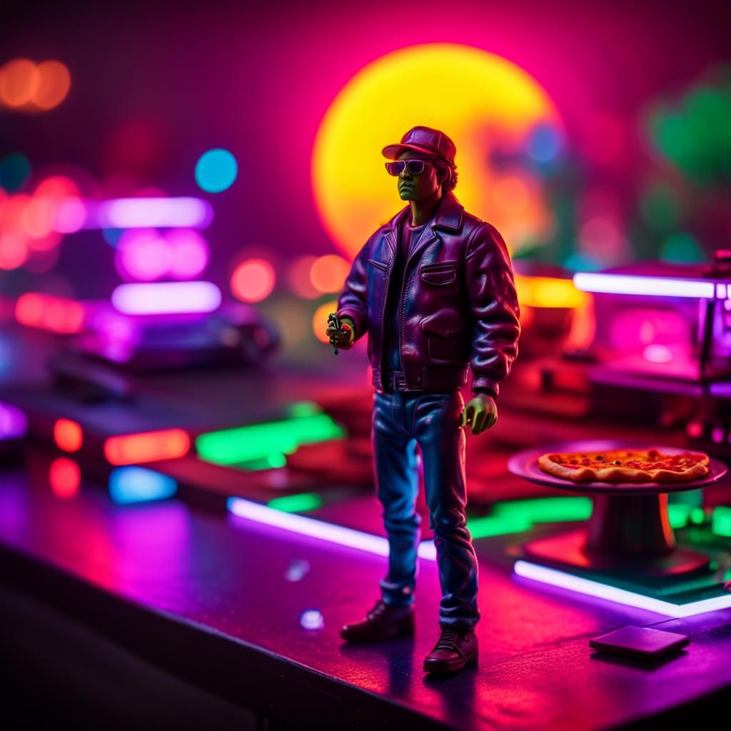 Synthwave Action Figures with Pizza and Neon Sunset