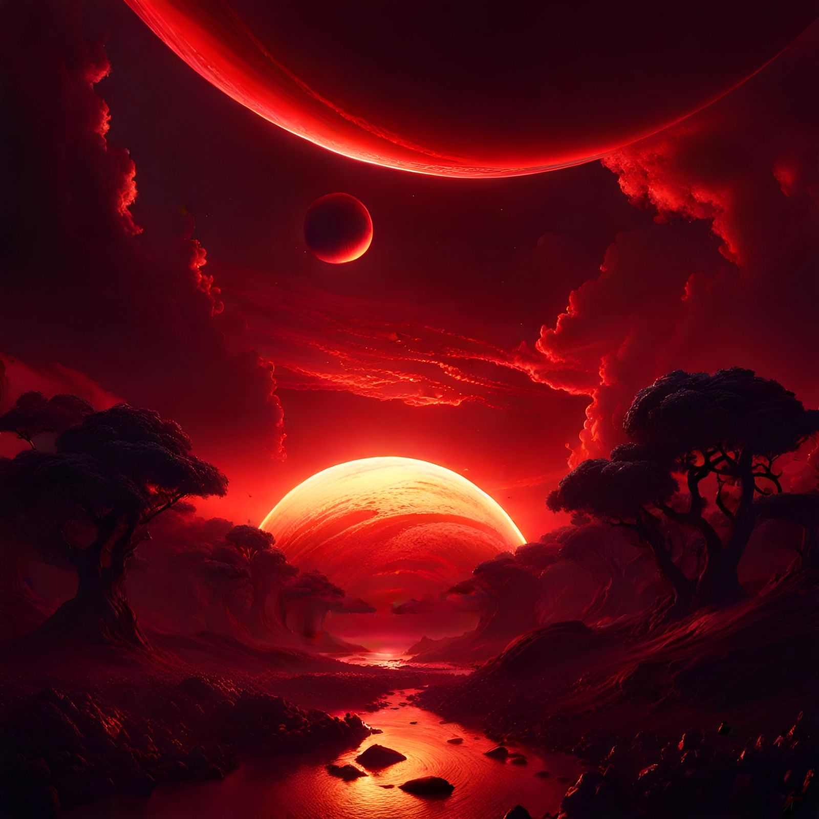 Red Sunset Planet in Dark Art Style