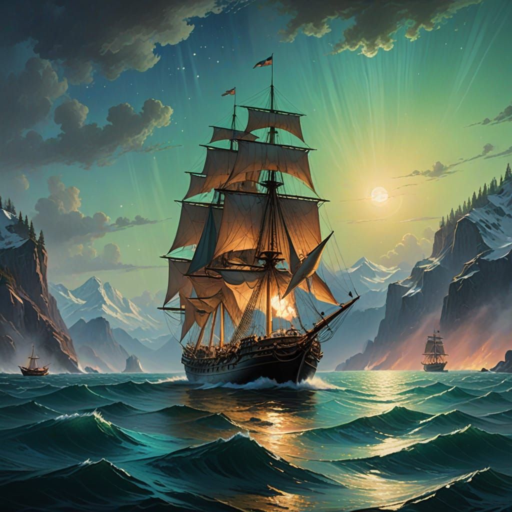 Sailboat in Ethereal Bioluminescent Wake Under Moonlit Skies