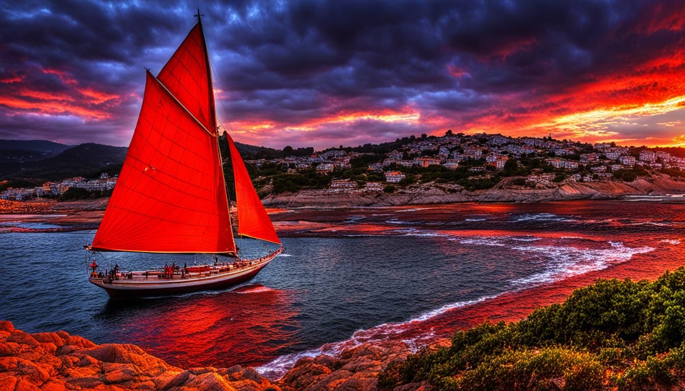 Hyperrealistic Red Sails at Sunset in HDR