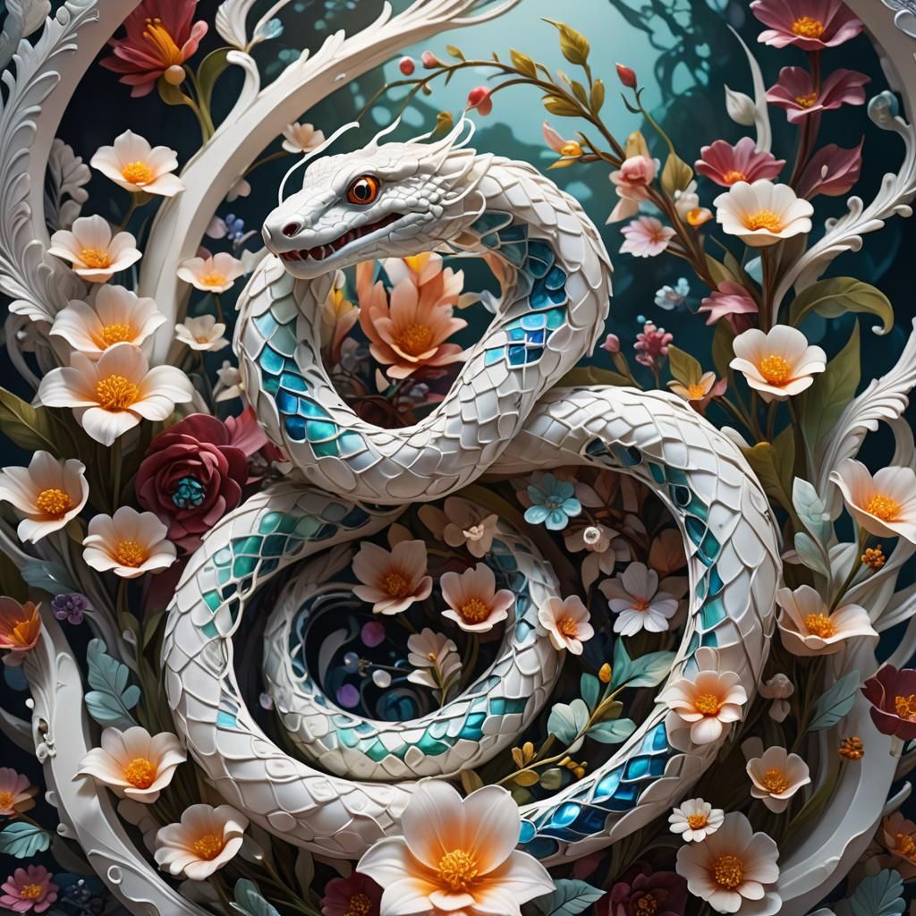 Glass Snake Statue Carved from Flowers