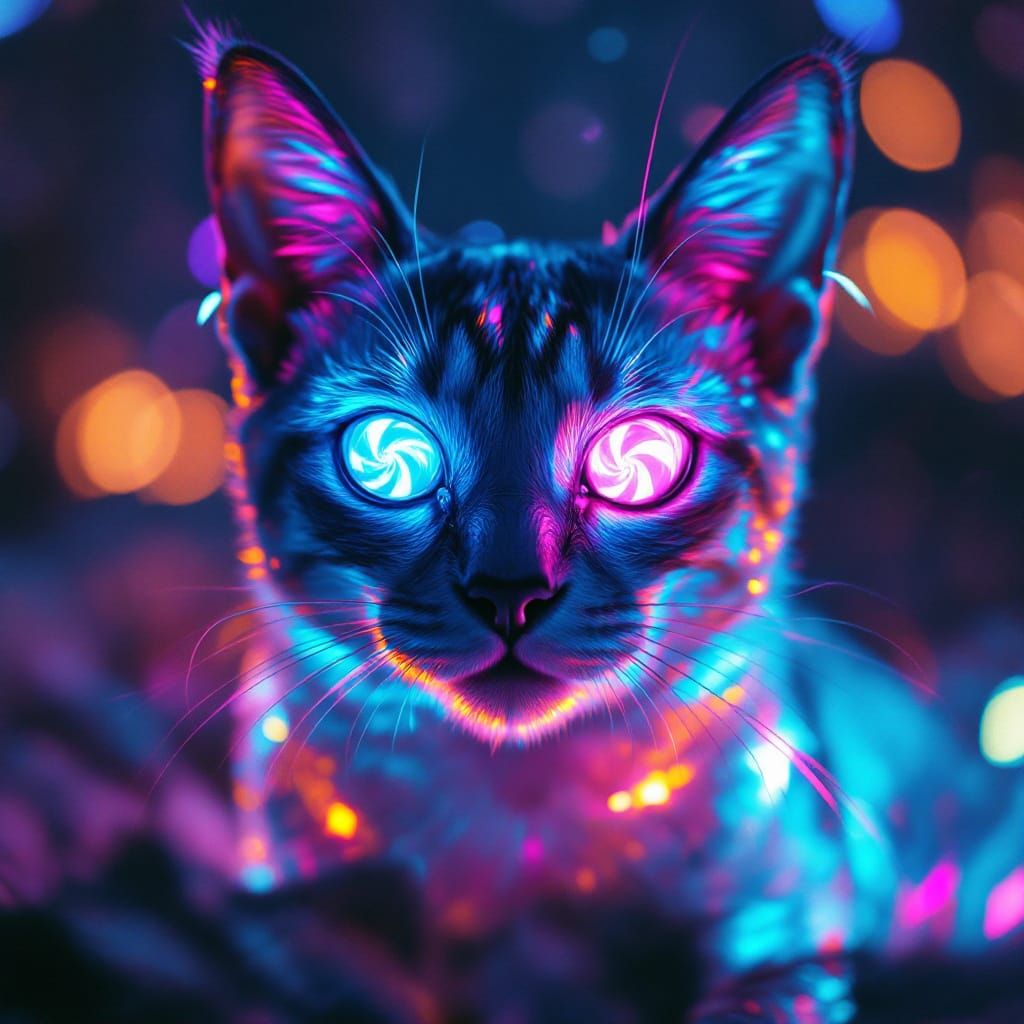 Iridescent Cat with Laser Eyes in Psychedelic Dreamscape
