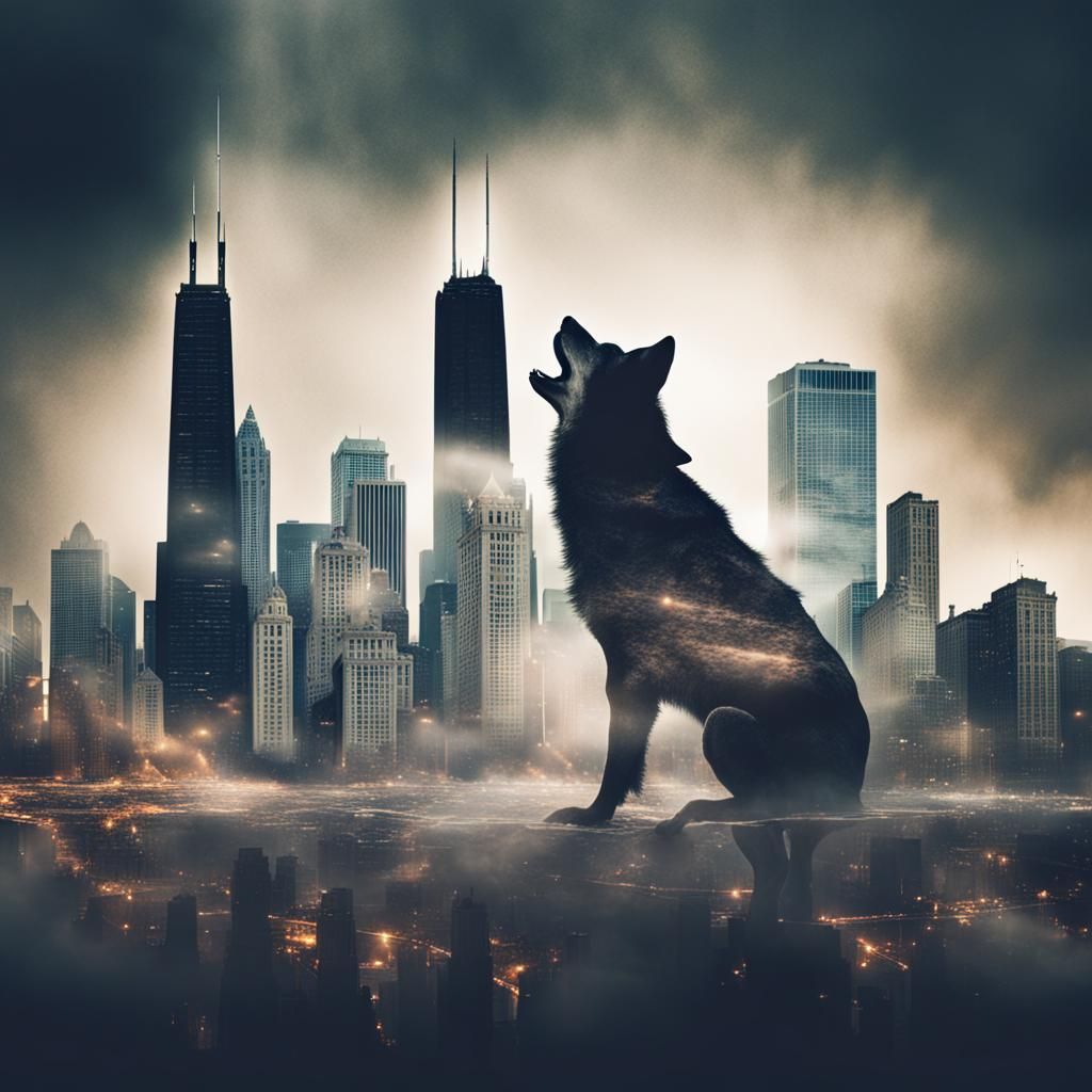 Apocalyptic Chicago Skyline Wolf Double Exposure