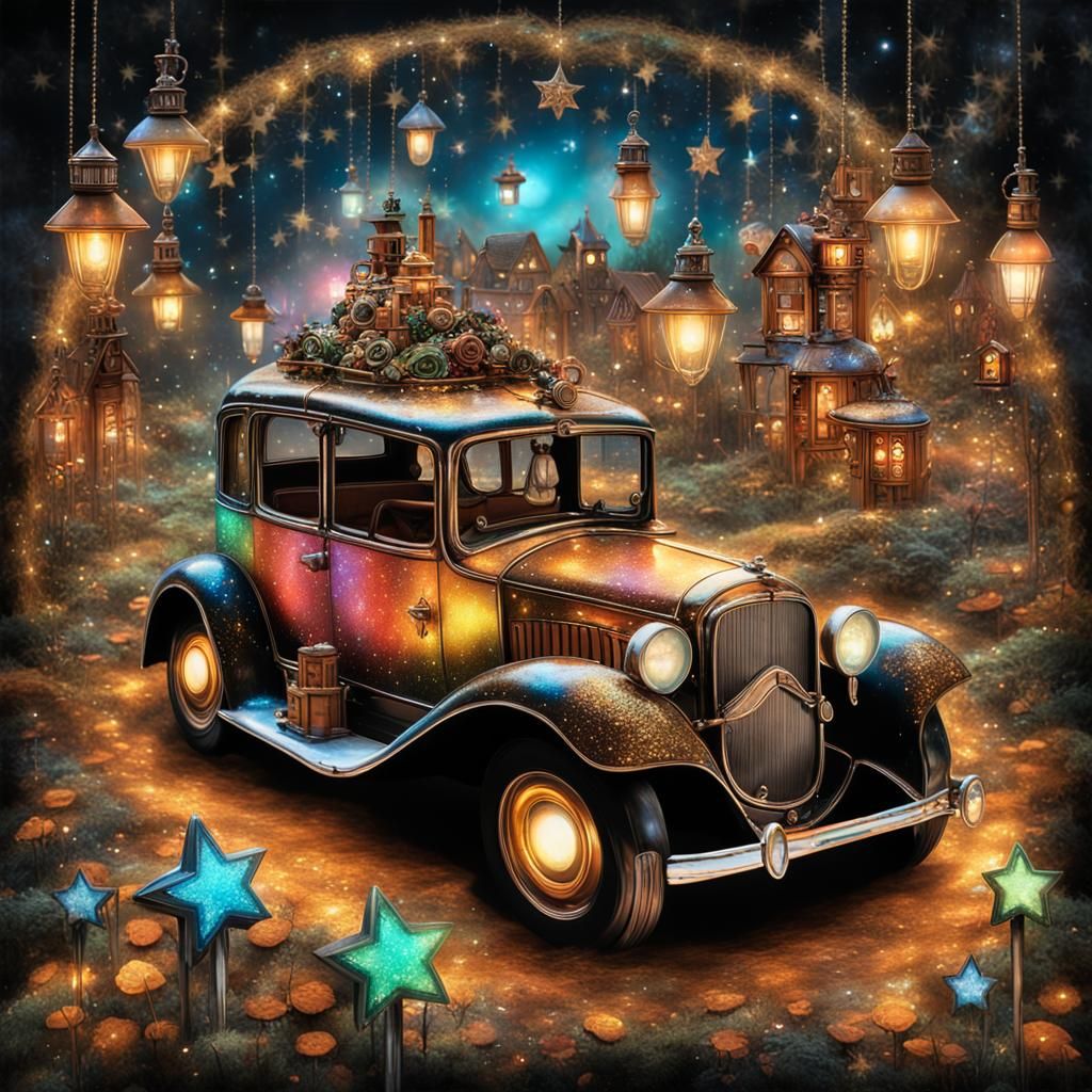 Steampunk Fairy Village with Vintage Car