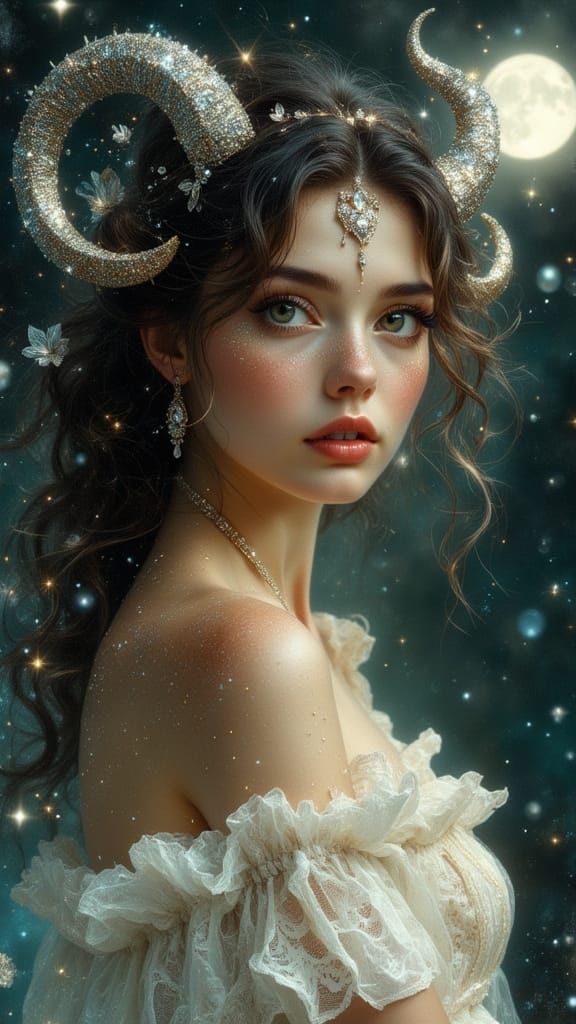 Ethereal Pre-Raphaelite Woman with Silver Horn