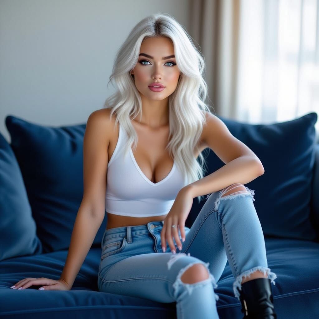 Vogue Model Poses on Sofa in Fashionable Outfit