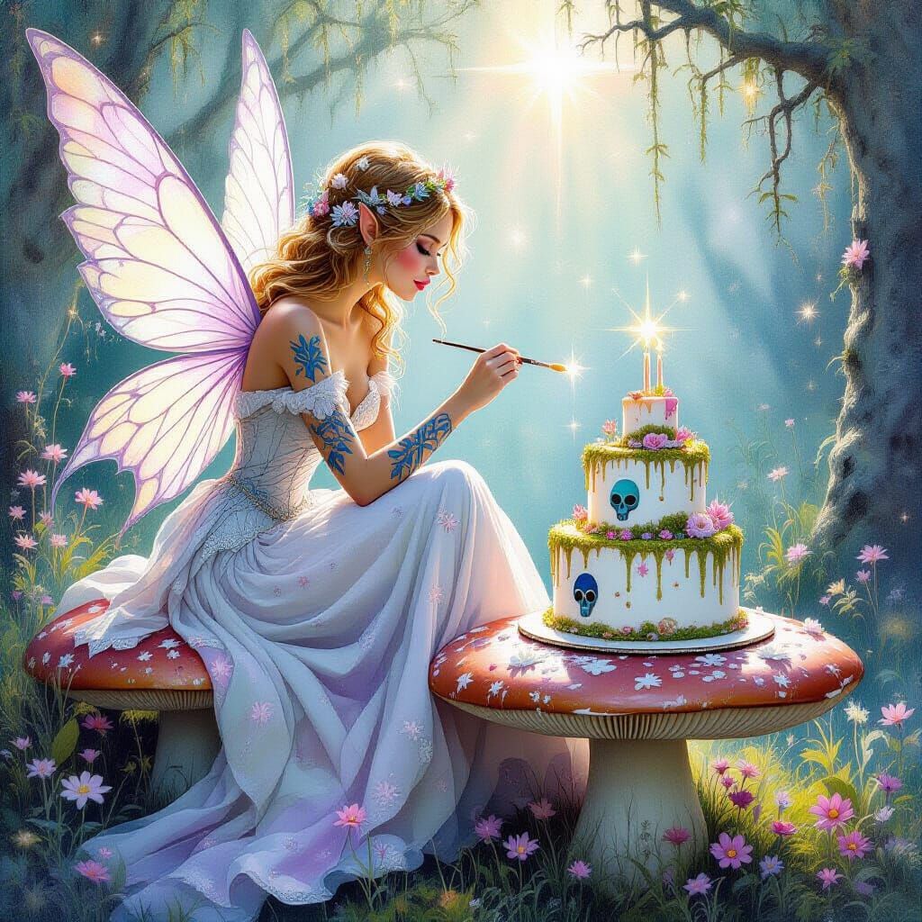 Whimsical Fairy Painting Tattoos on Cake as Gouache Illustra...