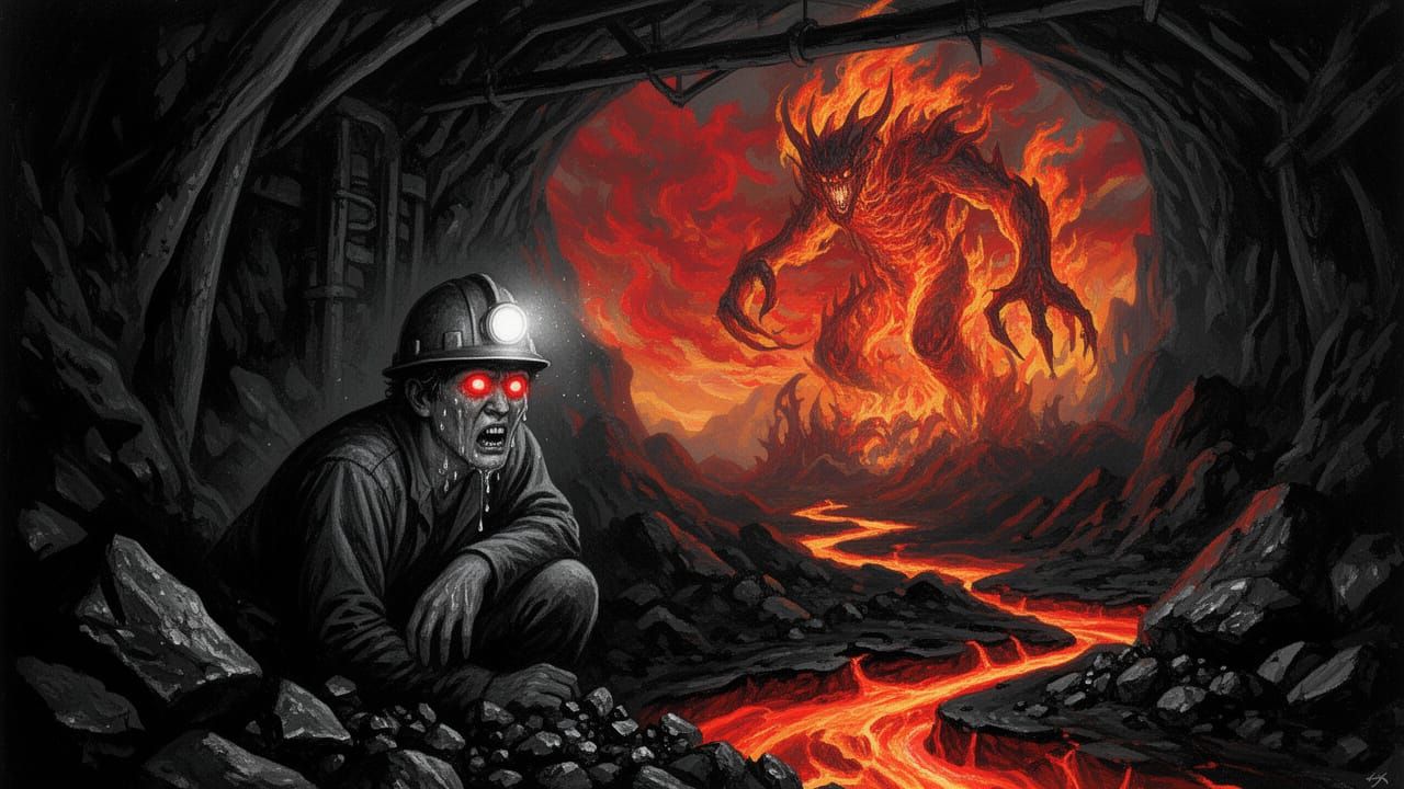 Cinematic Horror Coal Mine with Fiery Creature