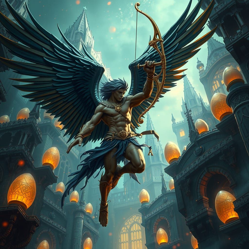 Biomechanical Promethean Soaring Above Castle