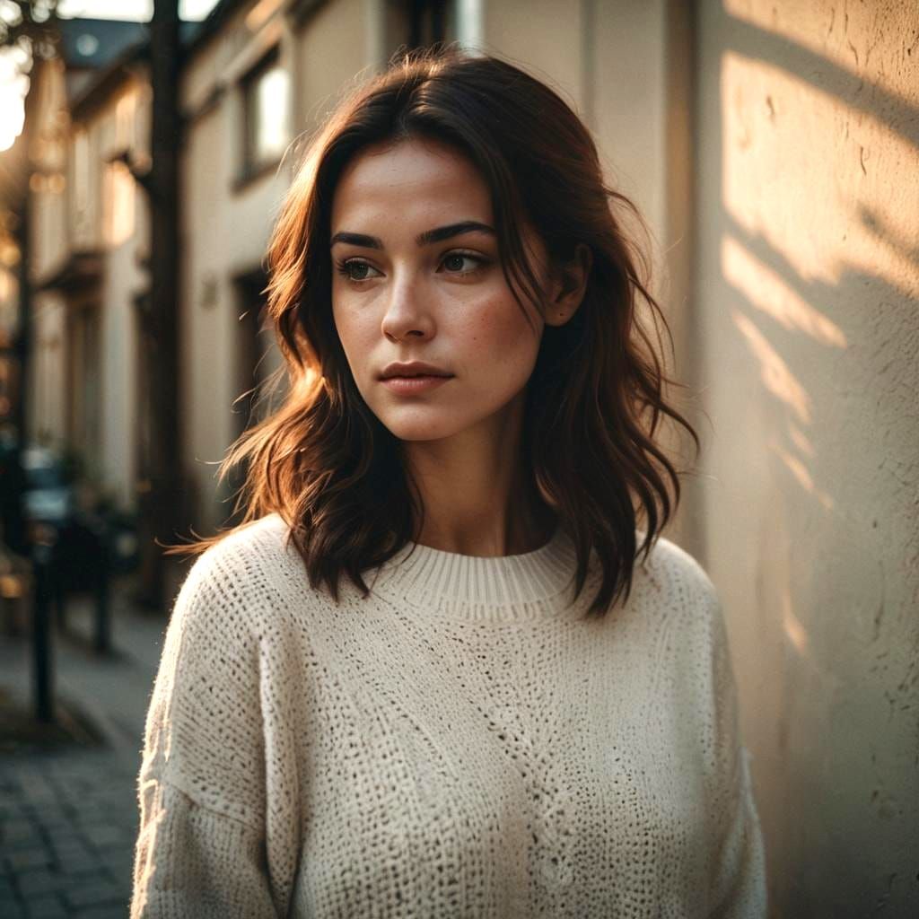 Cinematic Portrait of a Brunette in White Sweater