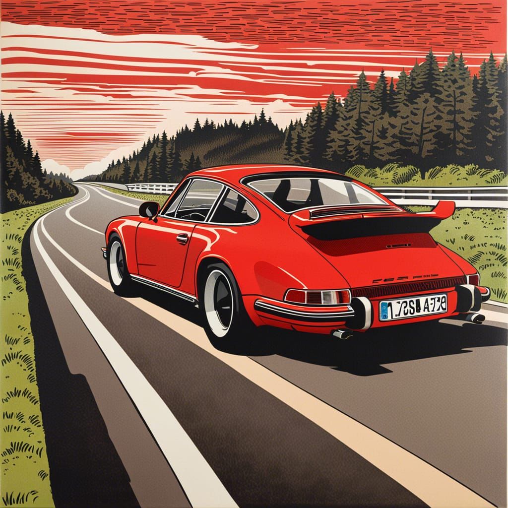 Red Porsche 911 on Autobahn, Woodcut Style
