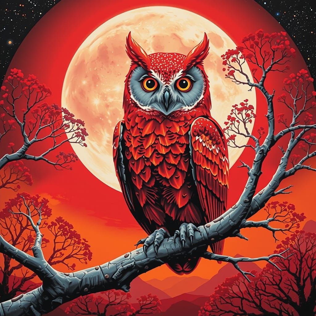 Scarlet Ghost Owl Under Red Moon in Folk Art Collage
