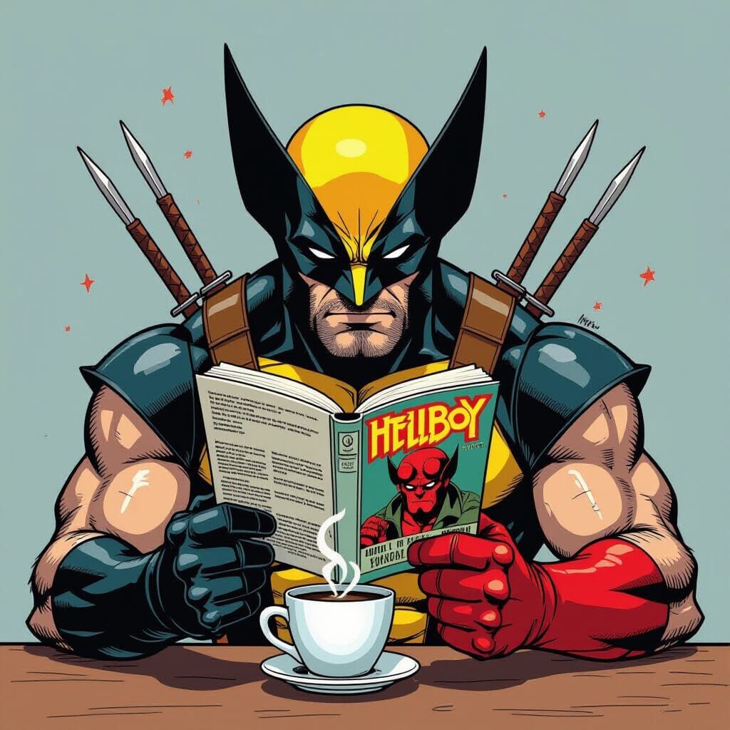 Wolverine Enjoys Hellboy Comics with Coffee
