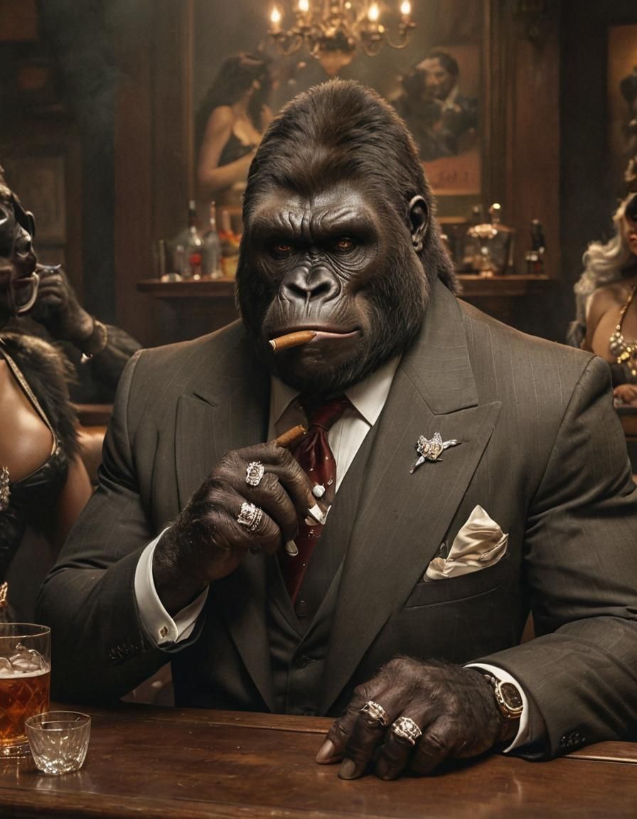 Muscular Gorilla in Suit at Bar, Fantasy Art
