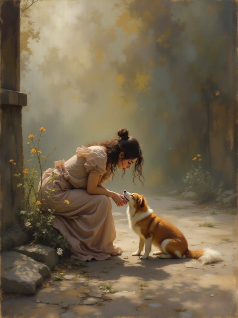 Woman Feeding Stray Dog in Atmospheric Style