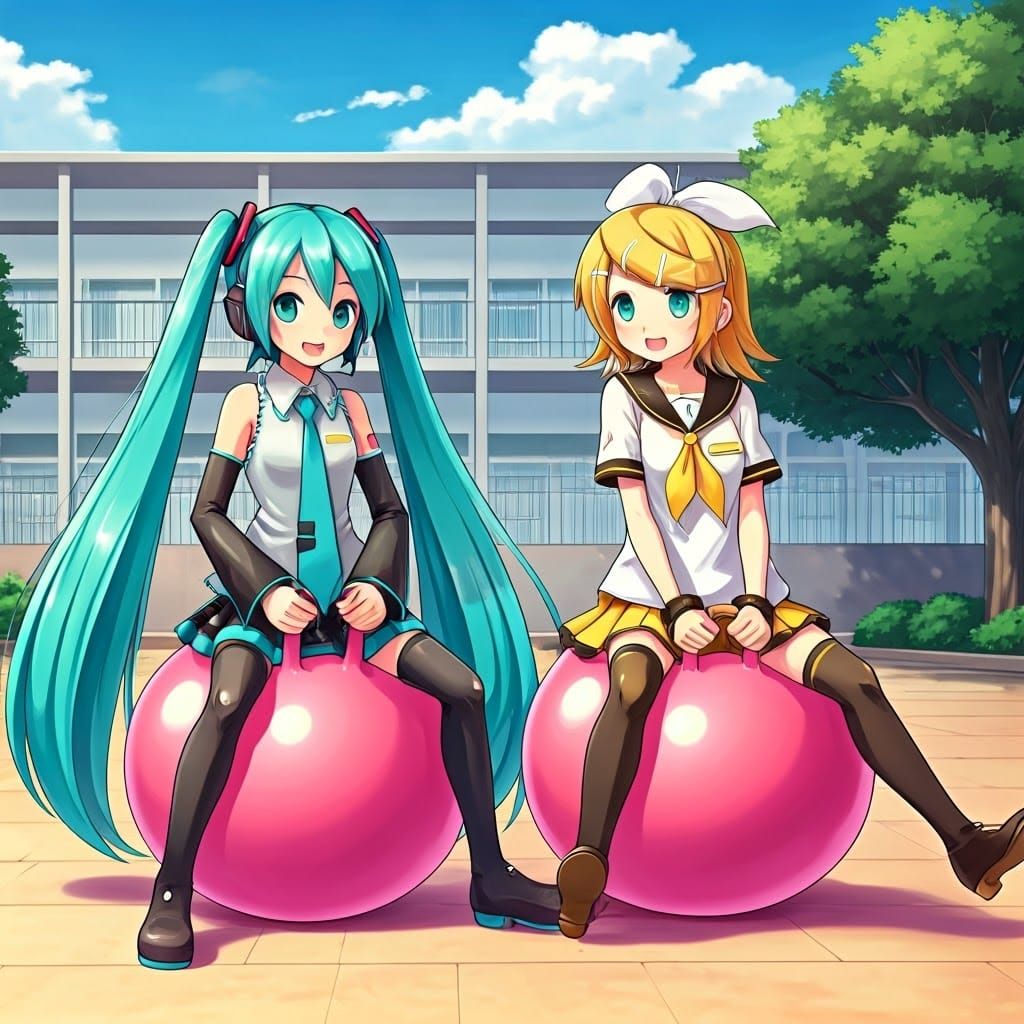 Anime Girls Bouncing on Trampolines at School in Colorful Di...