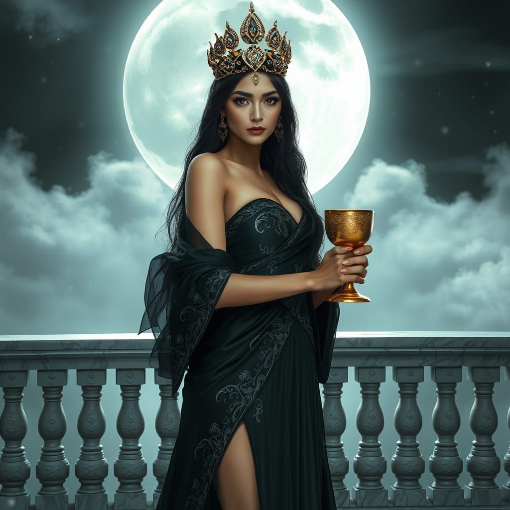 Goddess in Black Silk Gown Under Moonlight