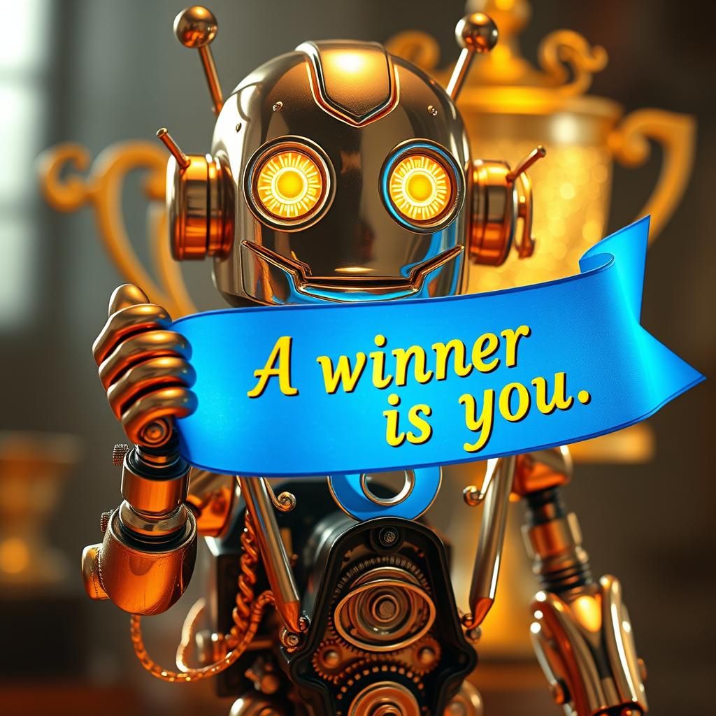 Metallic Robot Celebrates Victory with Golden Trophy