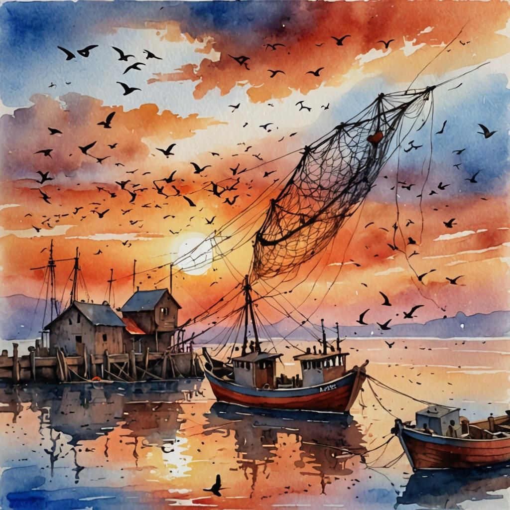 Fishing Boat Sunset: Watercolor Painting with Pigeons
