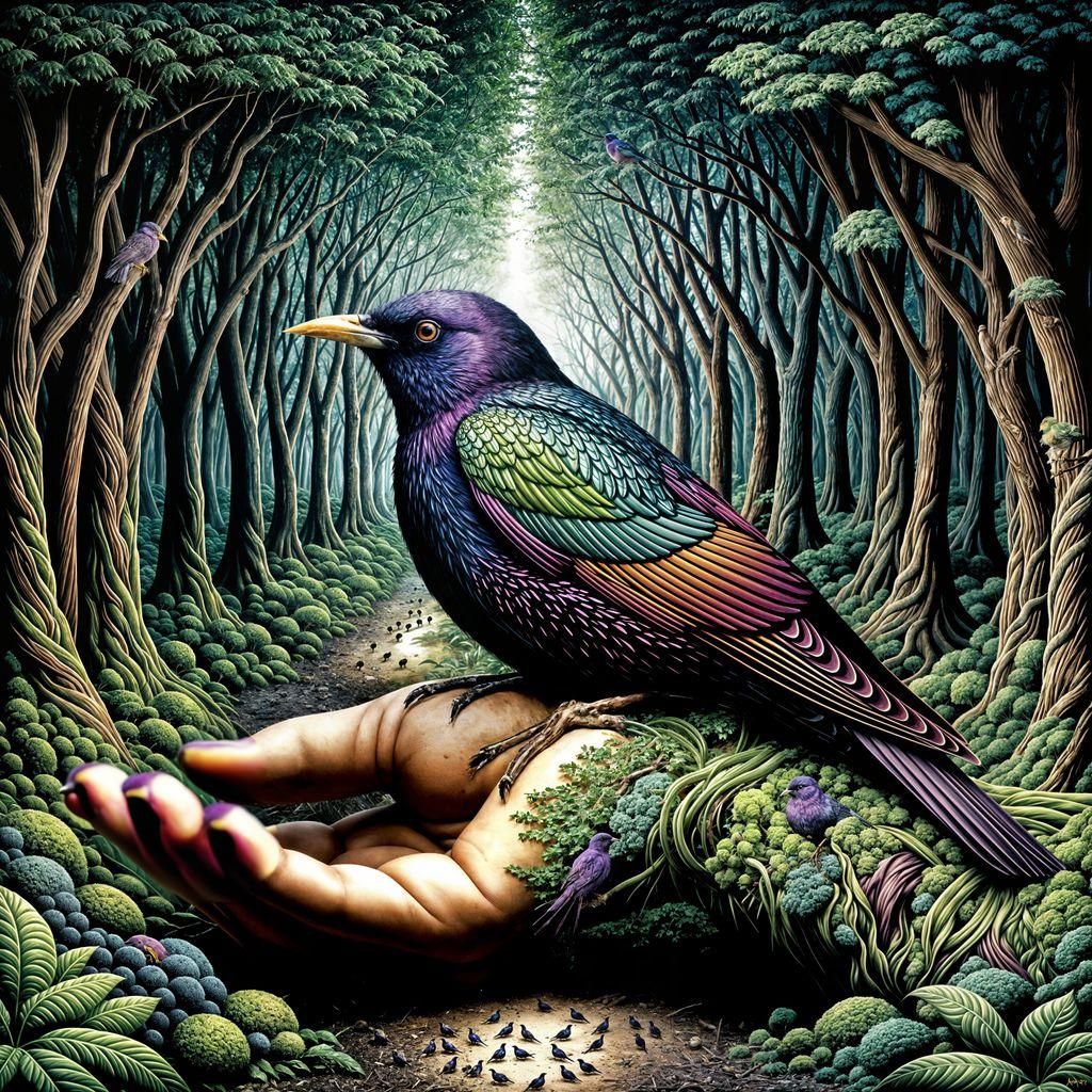 Plum Starling in Forest: Airbrush Art, Macro Shot