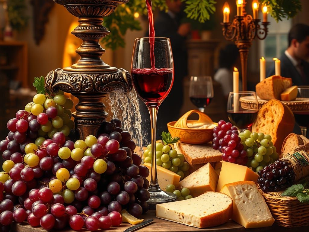 Baroque Wine Fountain with Grapes and Cheese