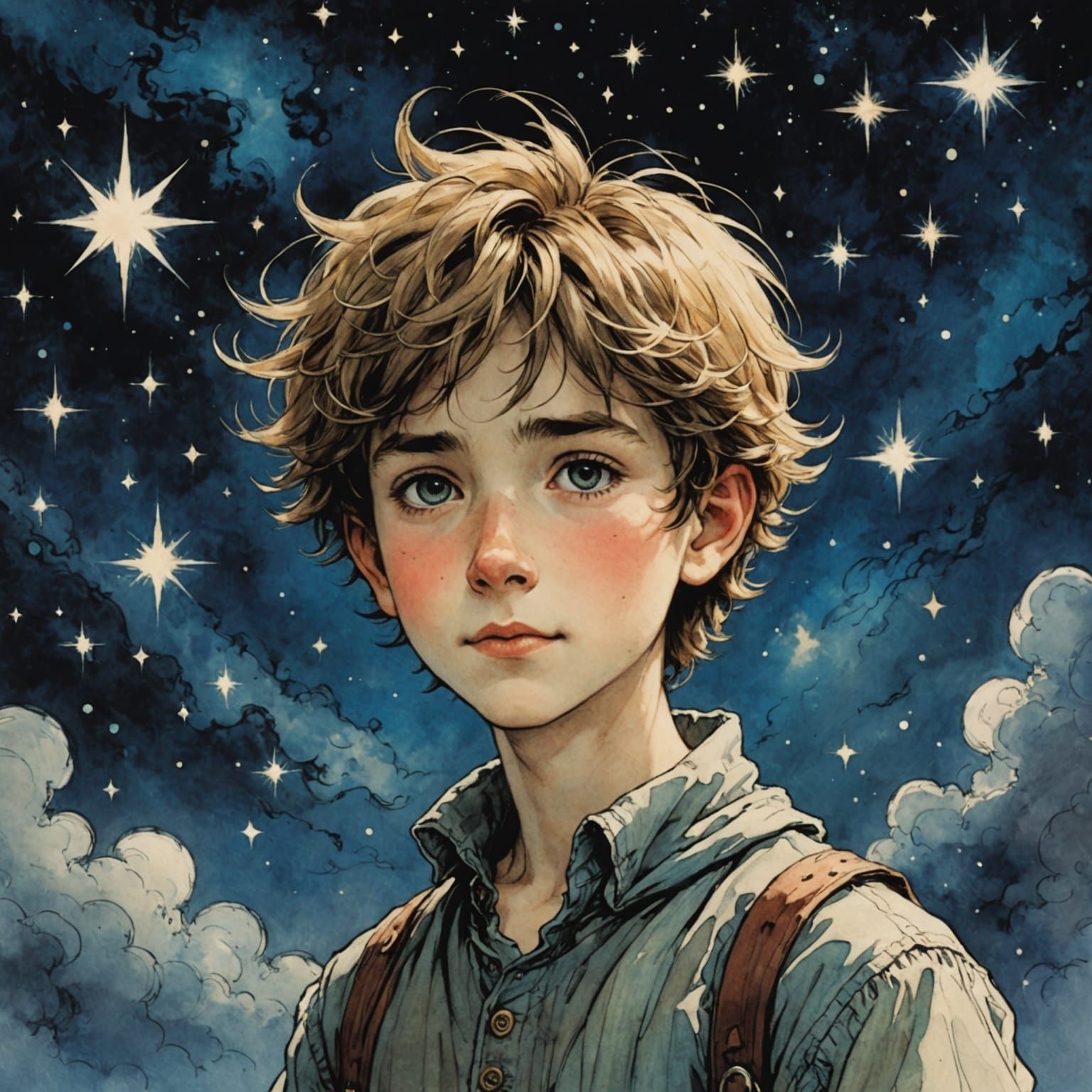 Celestial Boy in a Whimsical Night Sky
