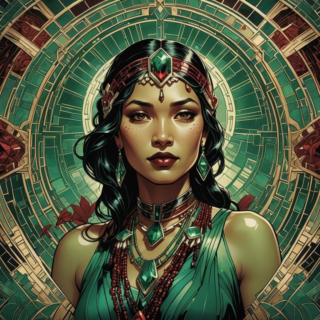 Art Deco Native Woman in Emerald and Garnet