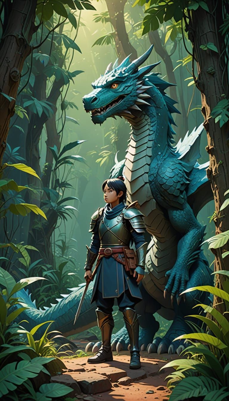 Mystical Warrior and Dragon in an Ancient Ghibli-Inspired Ju...