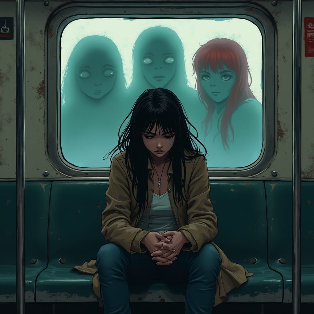 Haunting Subway Encounter in Cel-Shaded Manga Style