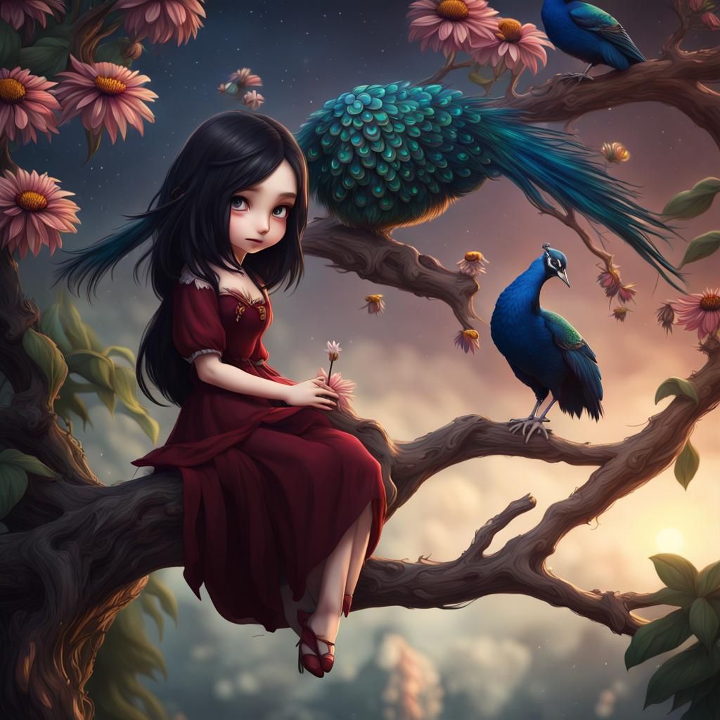 Chibi Girl and Peacock at Night, Digital Art