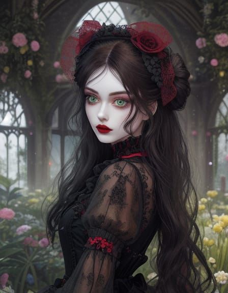 Gothic Doll in Mystical Garden, HR Giger Style