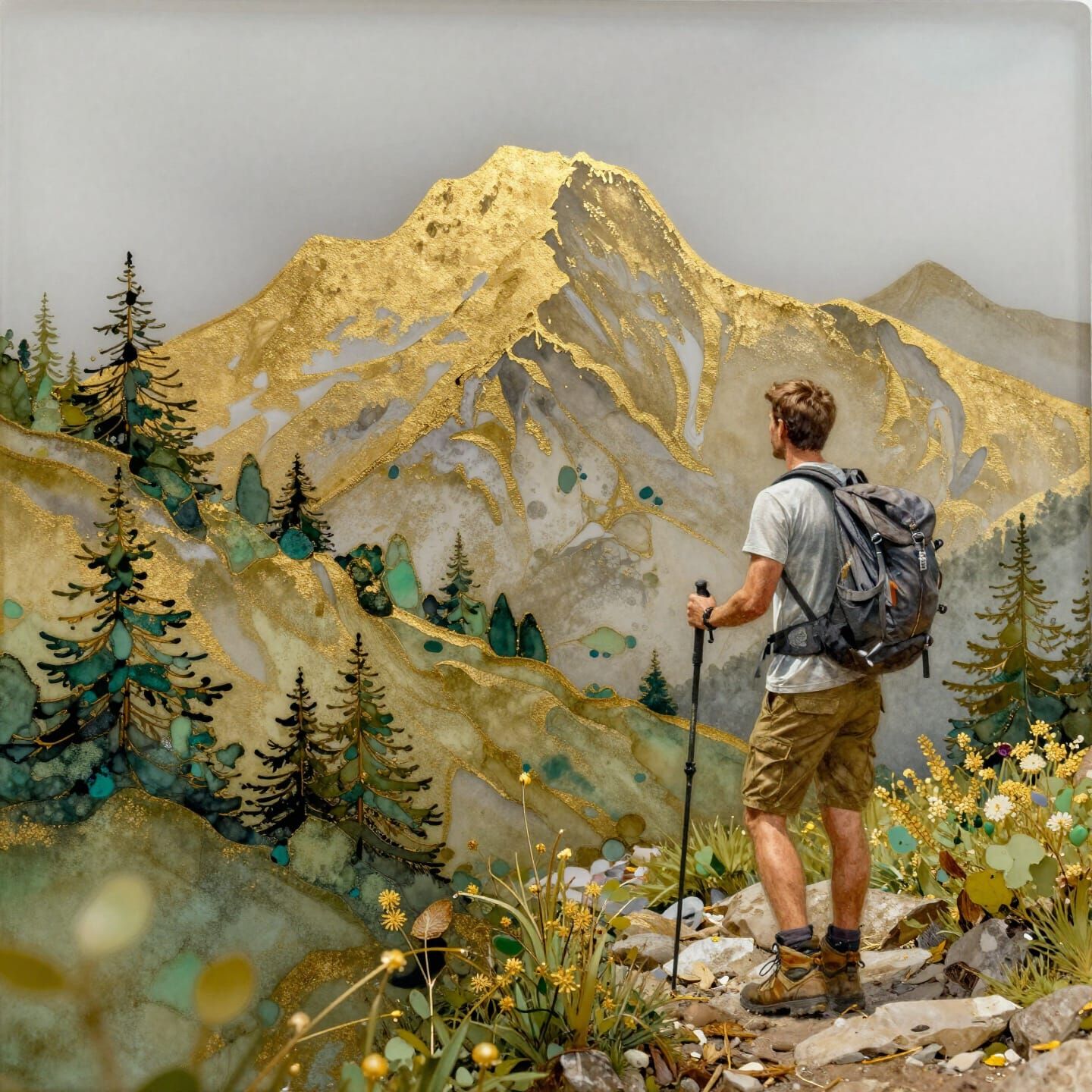 Mountain Hike in Gold Alcohol Ink Glass Art