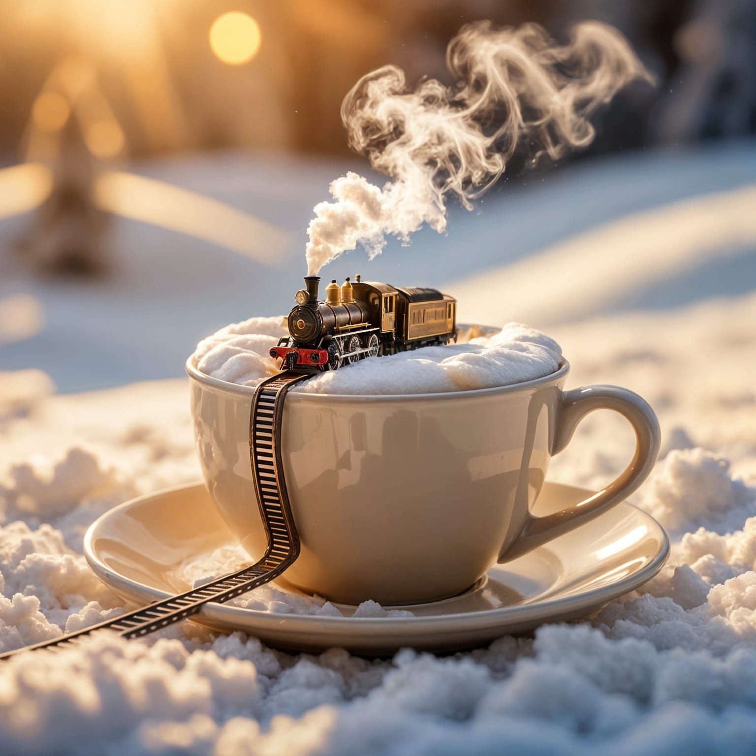 Surreal Coffee Cup with Miniature Train on Snowy Foam