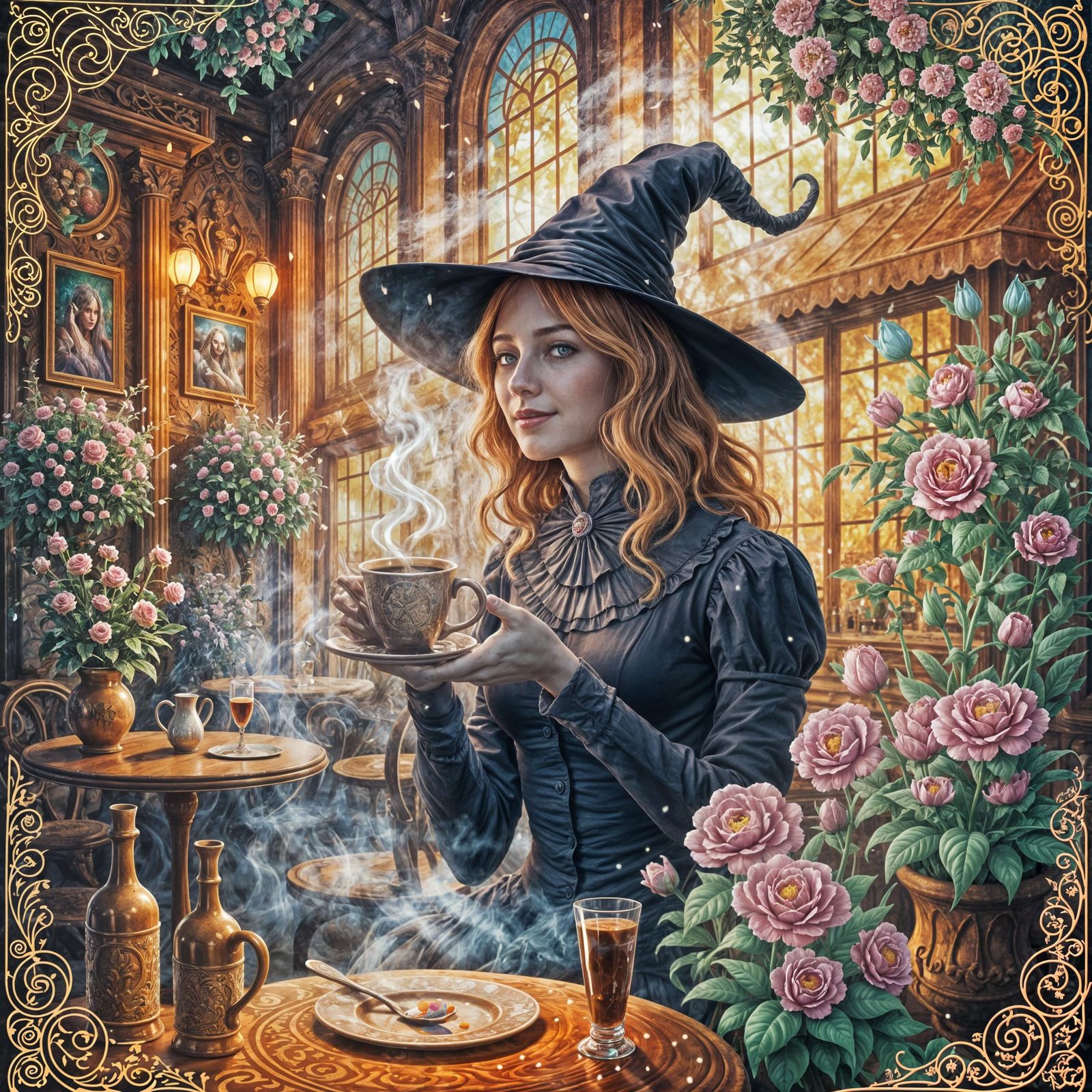 Witch in Magical Cafe with Glowing Flowers