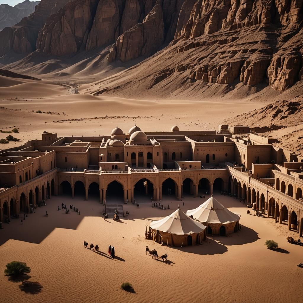 Epic Desert Caravanserai in Cinematic Lighting