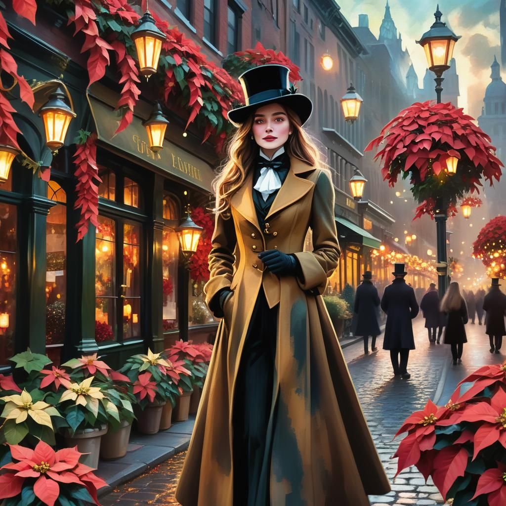 Victorian Woman Amidst Whimsical Poinsettia Cityscape in Gol...