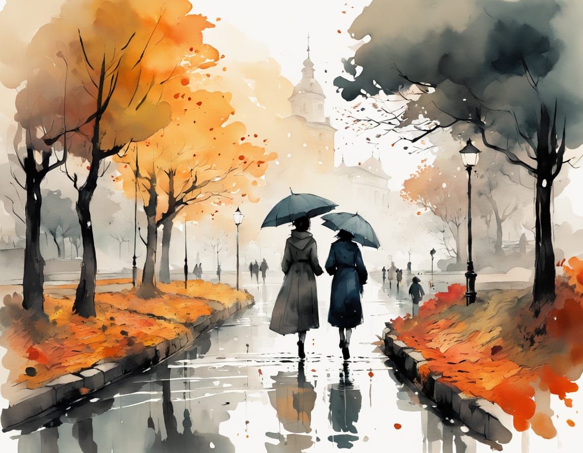 Elegant Women Stroll Through Autumnal Rain Park