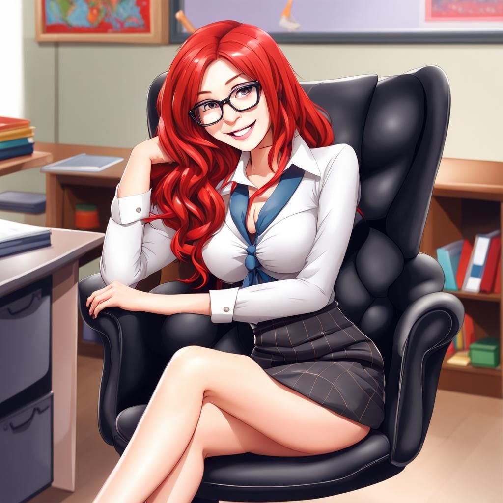 Beautiful Red-Haired Teacher in Classroom