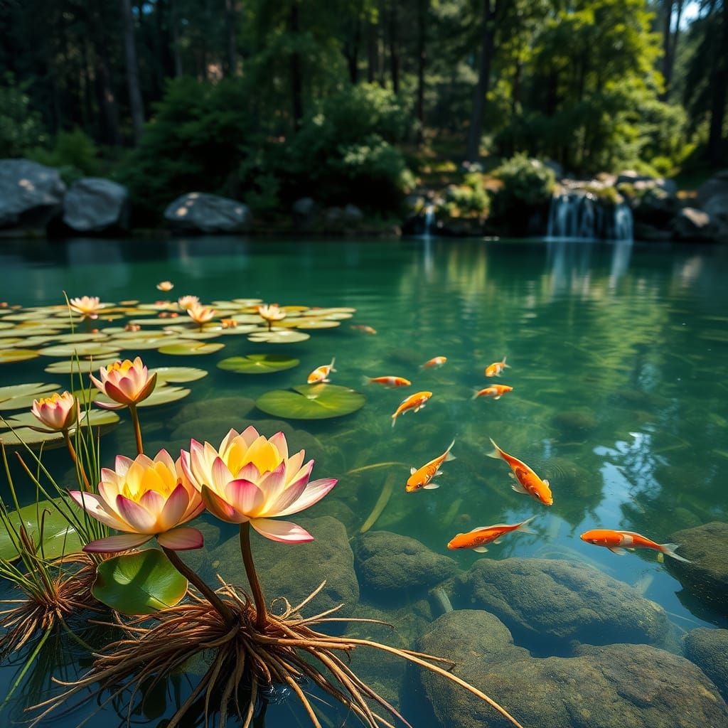 Serenic Landscape with Vibrant Koi Fishes and Blooming Lotus...