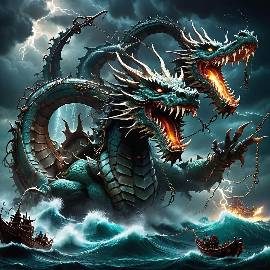 Chinese junks encircle a colossal dragon tethered by harpoon chains in tumultuous ocean depths