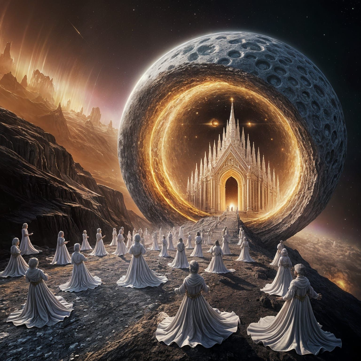 Luminous Temple Inside Hollow Meteor in Space