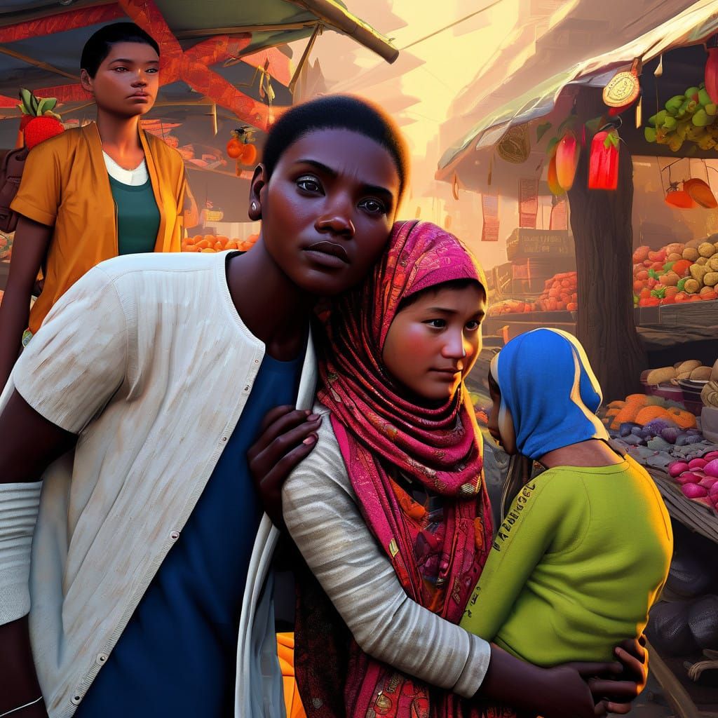 Woman Stands at a Bustling Market Stall in Hyperrealistic St...