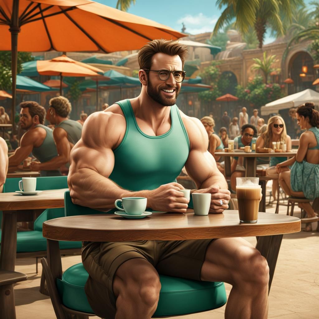 Bodybuilder at Cafe: Fantasy Concept Art