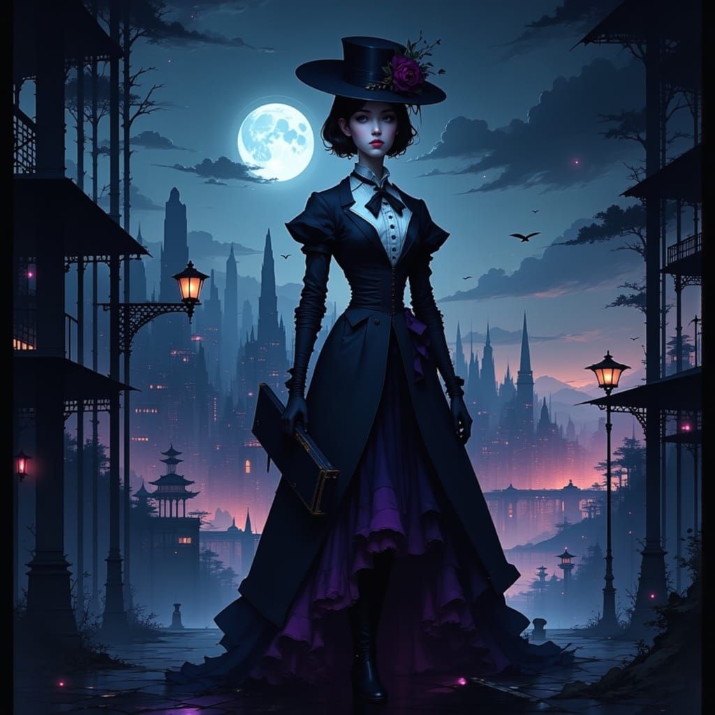 Elegant Victorian Noblewoman in Hyperrealistic Cityscape