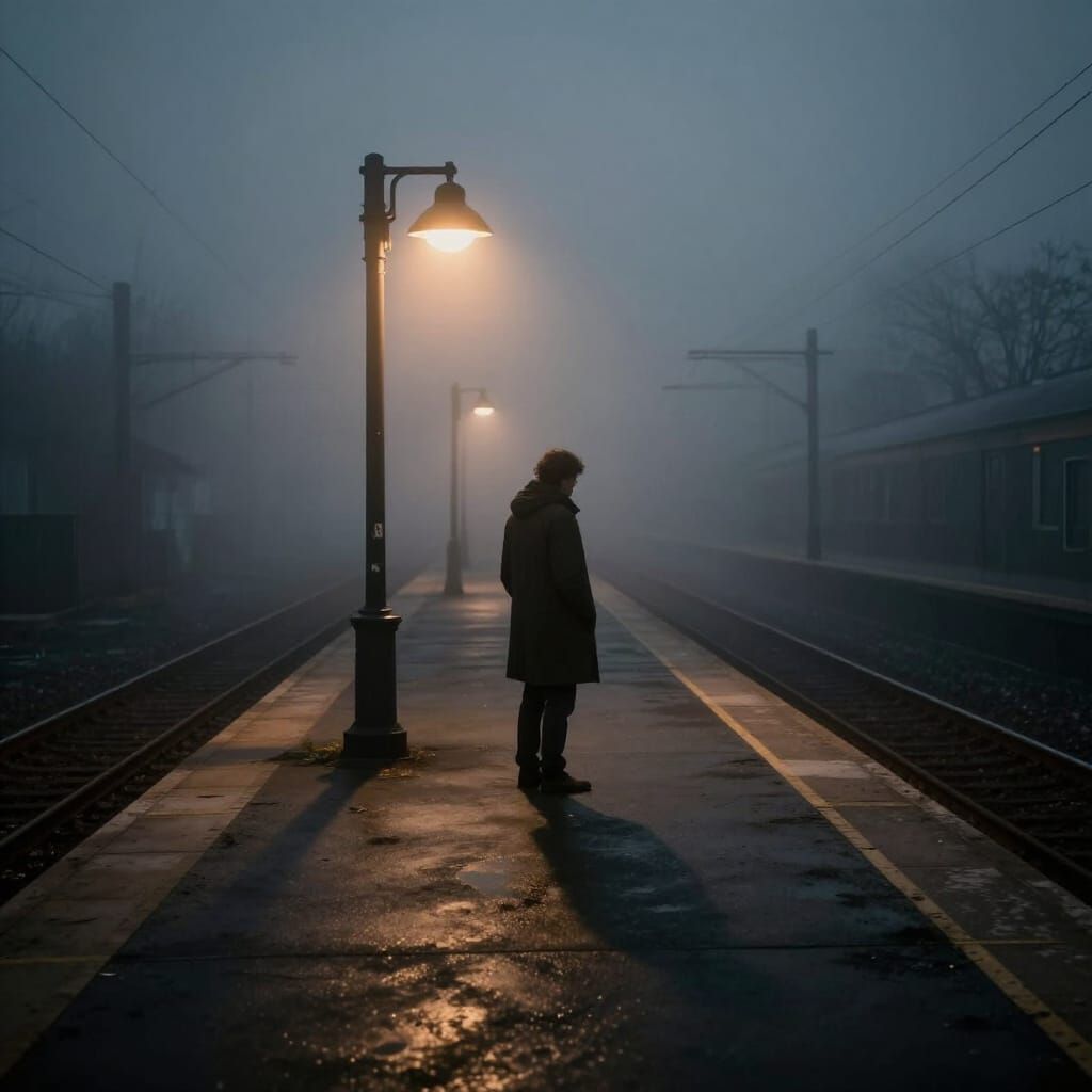 Misty Train Platform at Dawn with Noir Atmosphere