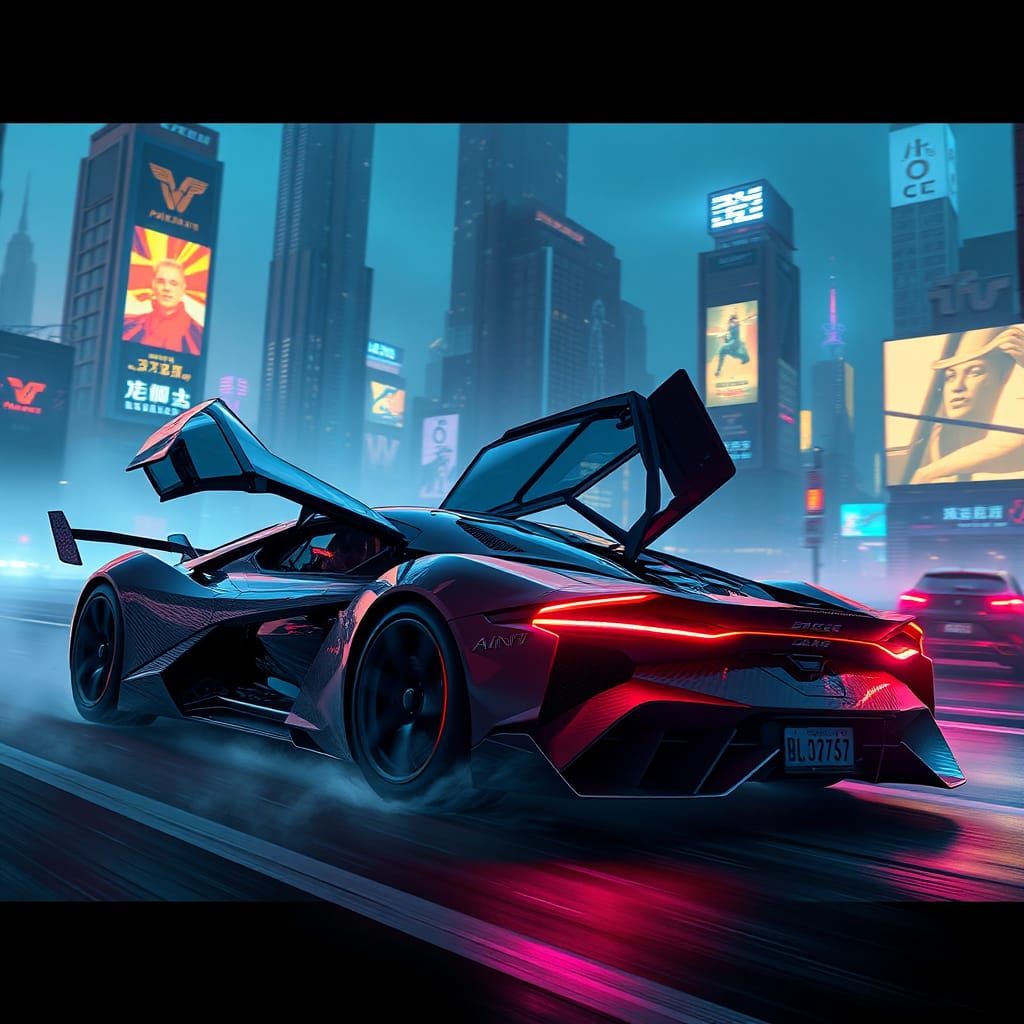 Cyberpunk Supercar Speeding Through Neon Cityscape
