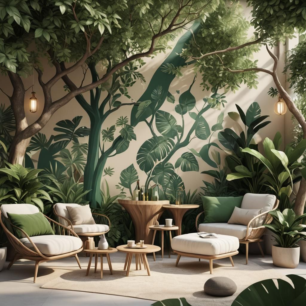 Chic Outdoor Chill-Out Space with Exotic Plants in 3D